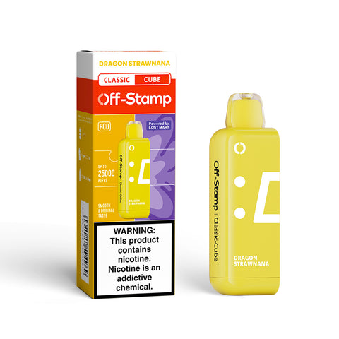 Off Stamp X Cube Disposable POD | 25000 Puff | 18mL | 50mg | MOQ 5 | Dragon Strawnana with packaging