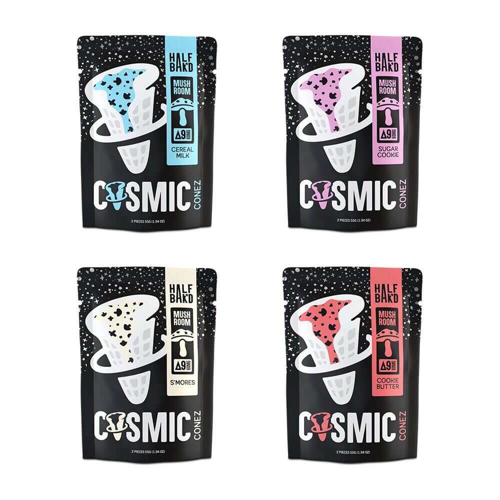 Half Baked D9 + Mushroom Blend Cosmic Cones Edible (600mg+ 2ct Pouch) | Group Photo with Packaging