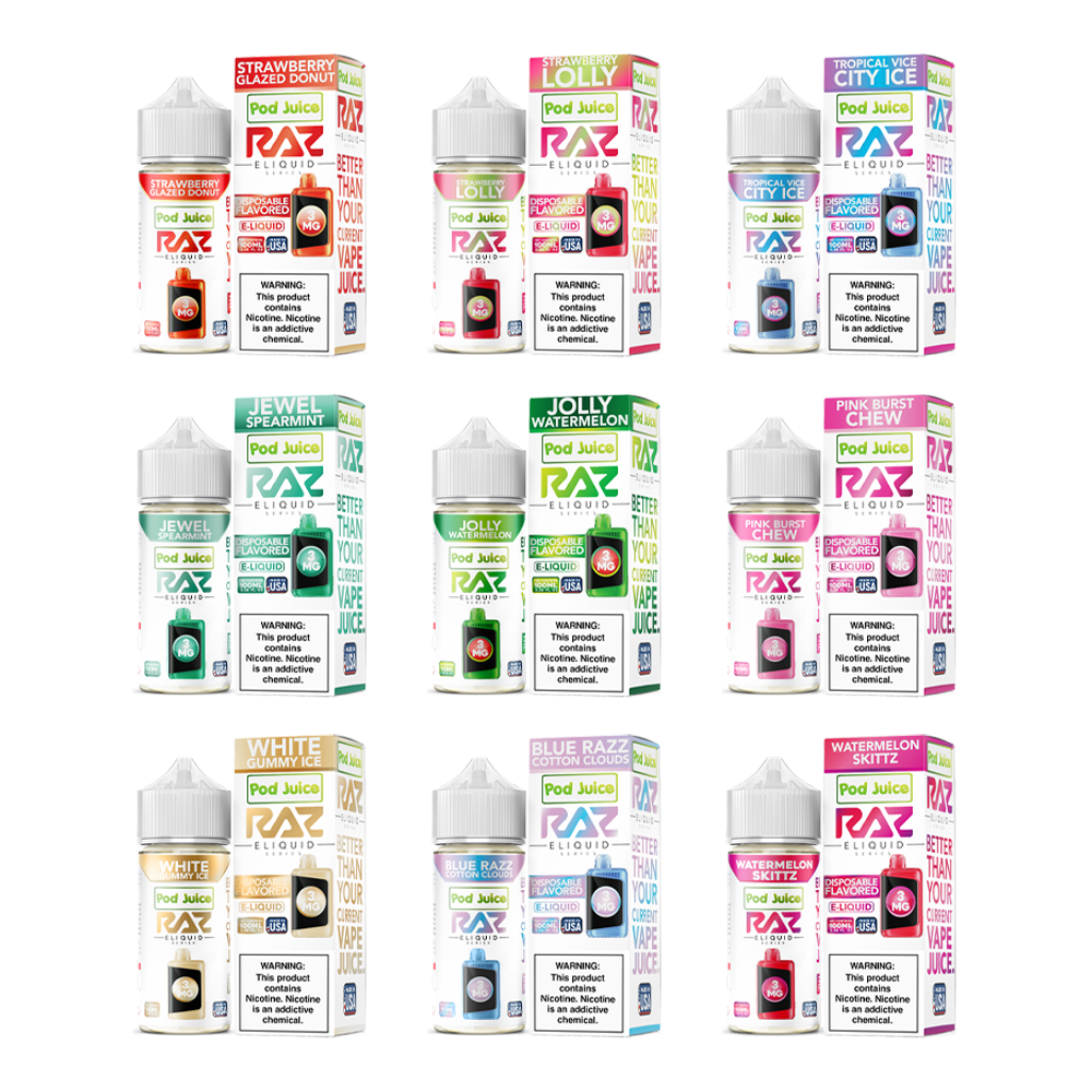 Pod Juice plus RAZ Disposables Collab E-Liquid 100mL Freebase MOQ Loyal Distribution Pod Juice plus RAZ Disposables Collab E-Liquid 100mL Freebase MOQ Loyal Distribution