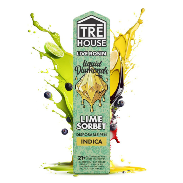 Tre House Live Rosin Liquid Diamonds Disposable (2g) | Lime Sorbet (Indica) with Packaging