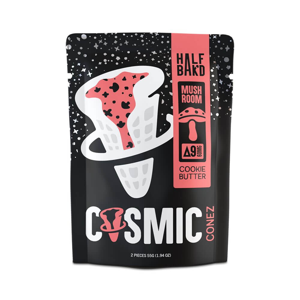 Half Baked D9 + Mushroom Blend Cosmic Cones Edible (600mg+ 2ct Pouch) | Cookie Butter with Packaging