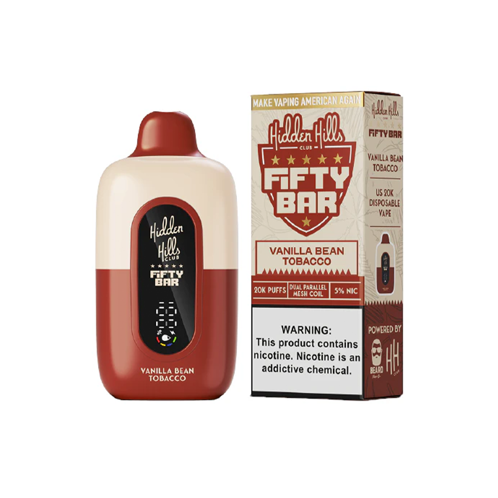 Fifty Bar 20K Hidden Hills Disposable | 20000 Puffs | 18mL | 50mg | MOQ 5 | Vanilla Bean Tobacco with packaging