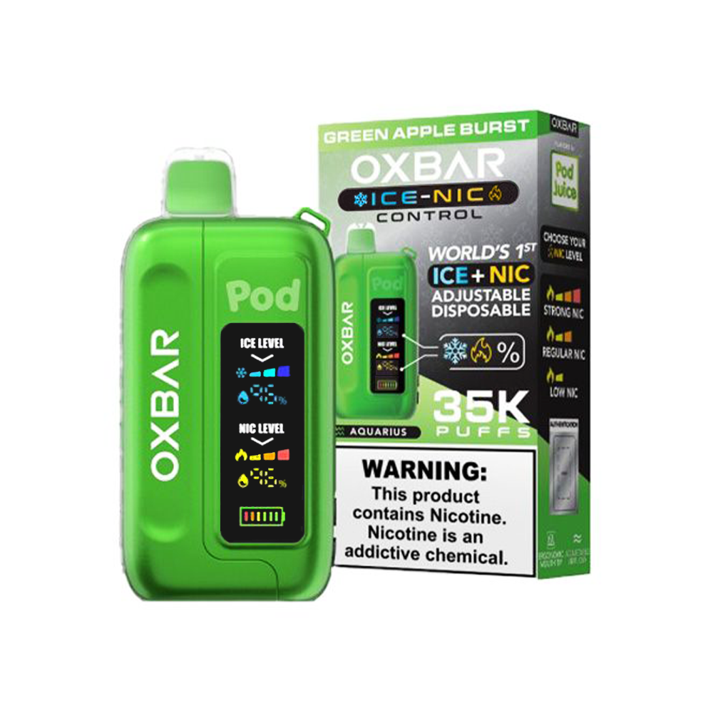 Oxbar Ice-Nic Control Pod Juice Edition Disposable | 35000 Puffs | 14mL | 50mg | MOQ 5 | Green Apple Burst with packaging
