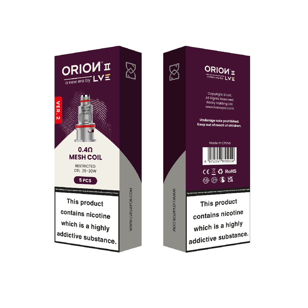 LVE Orion II V2 Mesh Coils (5-Pack) - 0.4ohm DTL with packaging