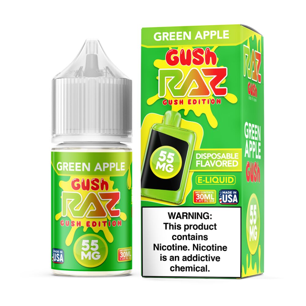 Pod Juice plus RAZ Disposables Collab Salt E-Liquid 30mL – Salt Nic - Green Apple Gush with packaging