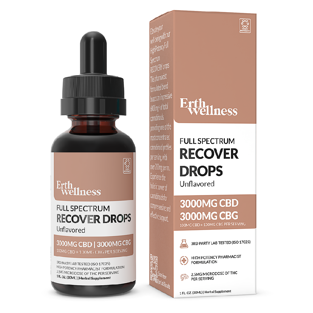 ERTH (CBD)(Tincture)(3000mg 30mL) Full Spectrum High Potency CBD + CBG Recovery Drops - Unflavored