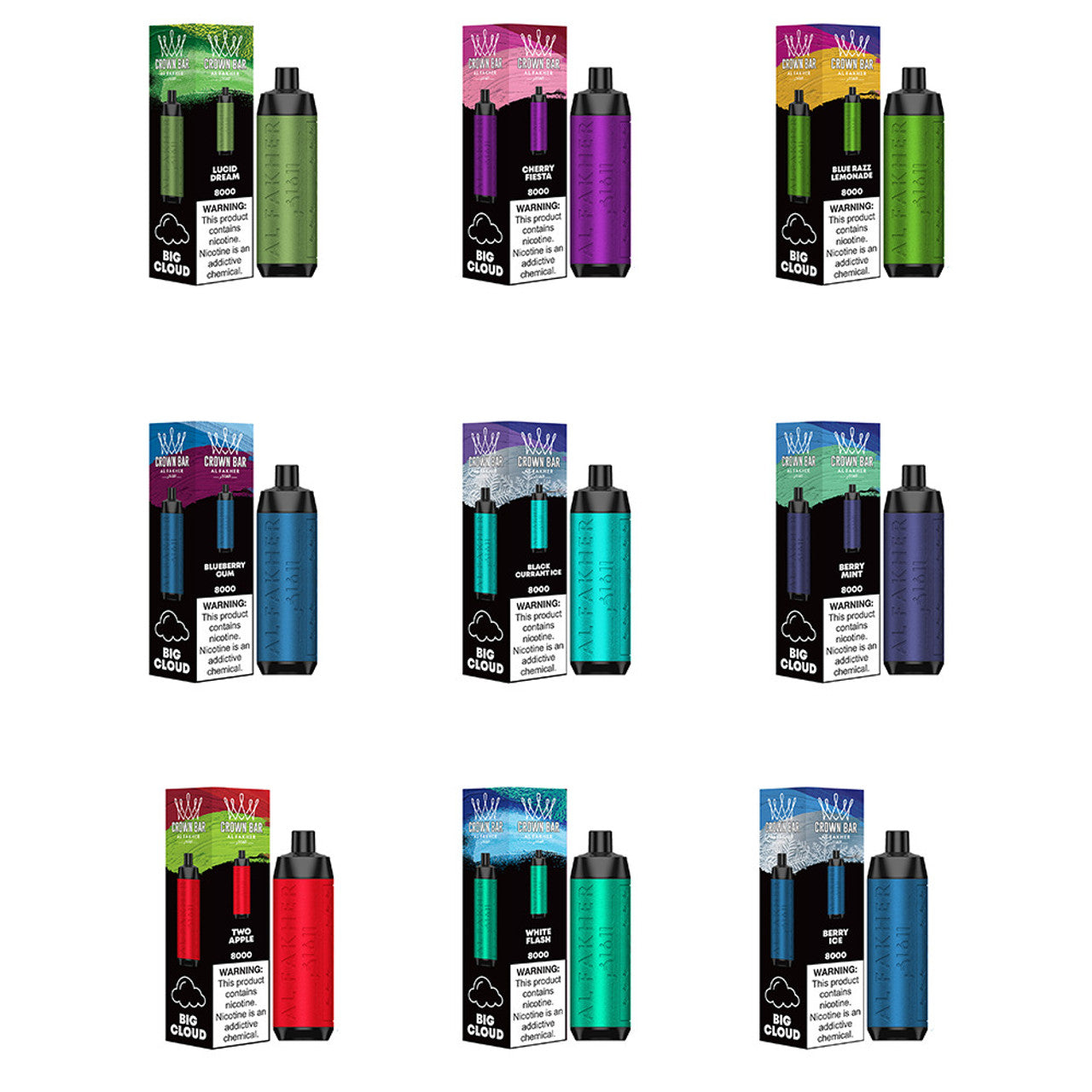 Crown Bar AF8000 Disposable | 8000 Puffs | 18mL | 50mg | MOQ 10 | Group Photo with Packaging