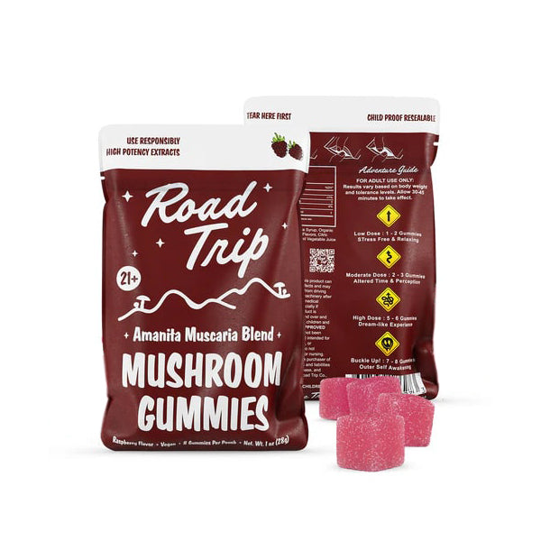 Road Trip Mushroom Gummies (28000mg 8ct Pouch) - Desert Stardust Mushroom Raspberry with Packaging