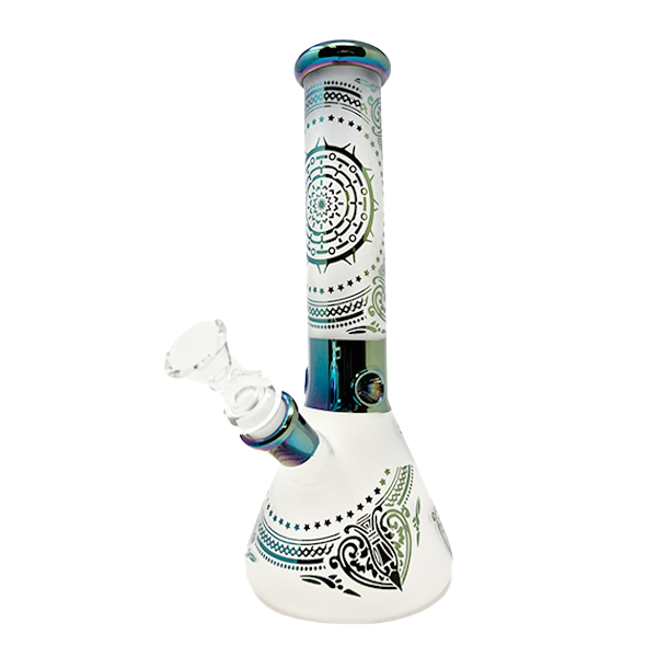 10 Inch Frosted Aurora Beaker With Glass On Glass Downstem Green Aurora