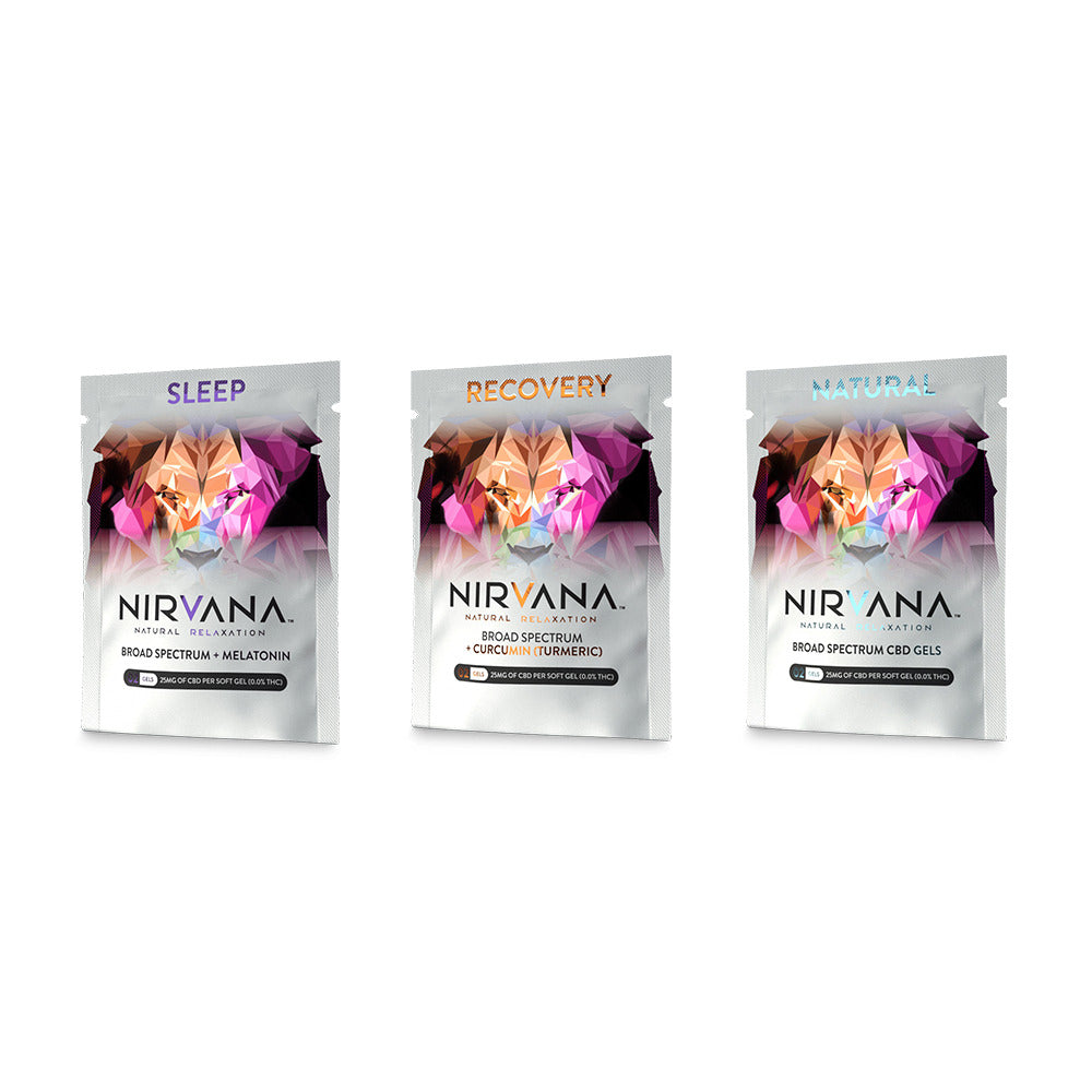 Nirvana CBD Softgel Capsules (50mg 2ct Packet) Group Photo