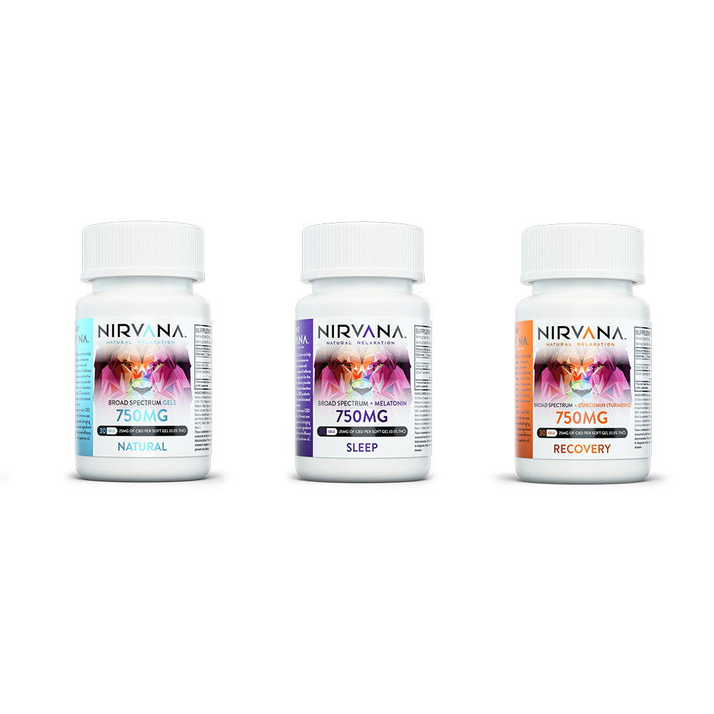Nirvana CBD Softgel Capsules (750mg 30ct Jar) Group Photo