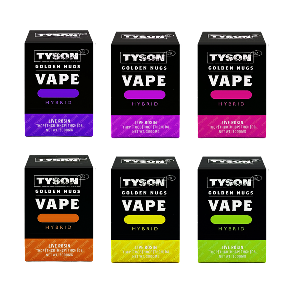 Tyson 2.0 Golden Nugs Vape Live Rosin Disposable (3g) | Group Photo with Packaging