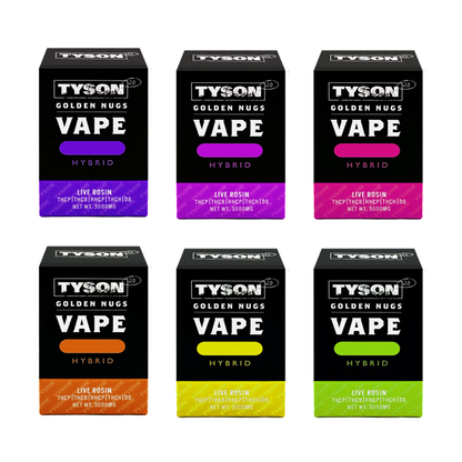 Tyson 2.0 Golden Nugs Vape Live Rosin Disposable (3g) | Group Photo with Packaging