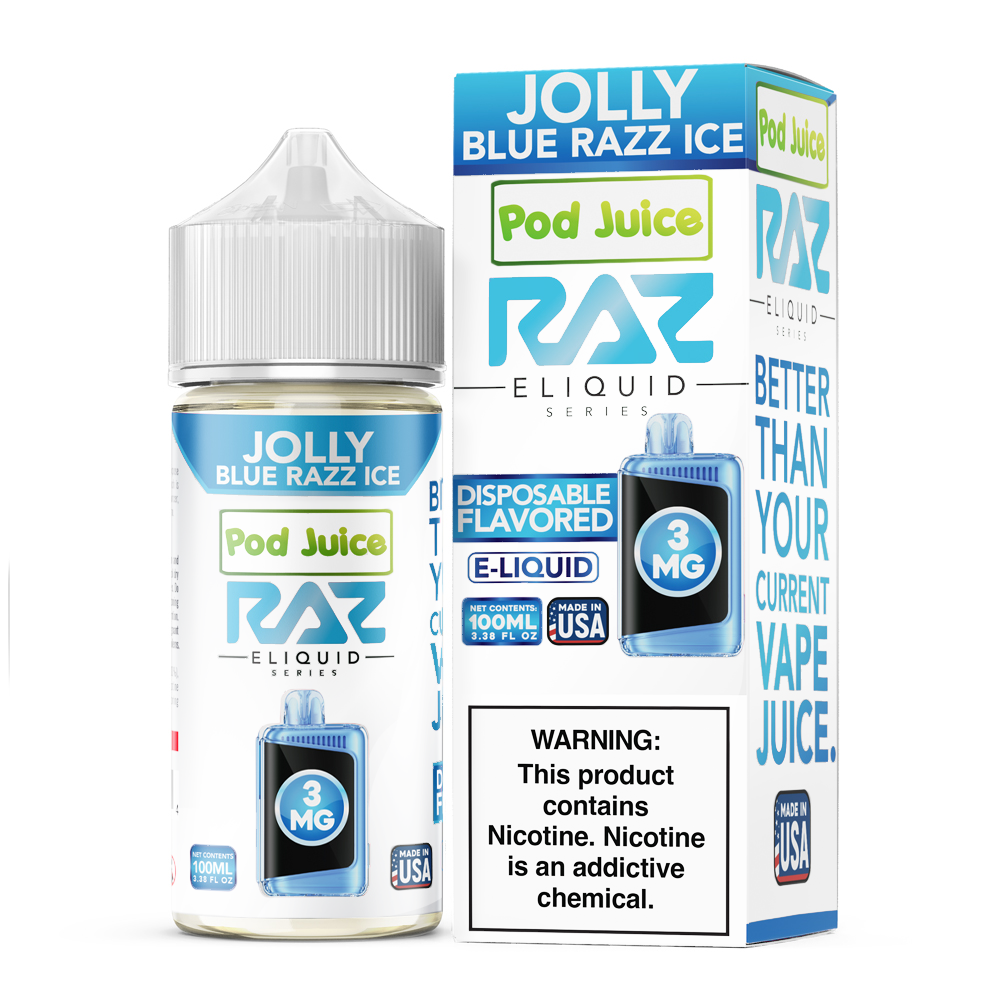 Pod Juice + RAZ Disposables Collab E-Liquid 100mL (Freebase) - Jolly Blue Razz Ice with packaging