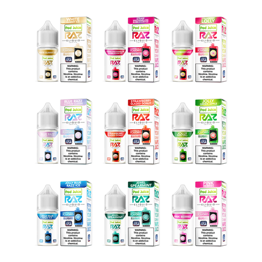 Pod Juice + RAZ Disposables Collab Salt E-Liquid 30mL (Salt Nic) - Group Photo with Packaging