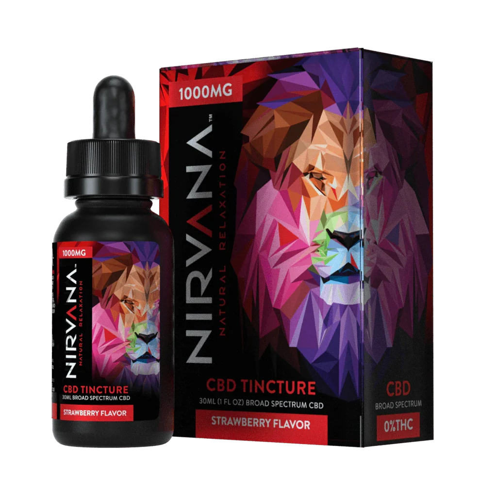 Nirvana Broad Spectrum CBD Tinctures (1000mg 30mL Tincture) | Strawberry with Packaging