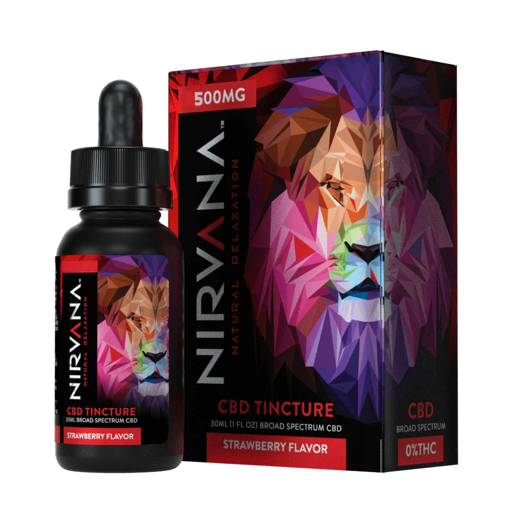 Nirvana Broad Spectrum CBD Tinctures 500mg 30mL (500mg 30mL Tincture) | Strawberry with Packaging