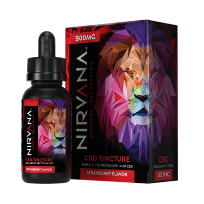 Nirvana Broad Spectrum CBD Tinctures 500mg 30mL (500mg 30mL Tincture) | Strawberry with Packaging