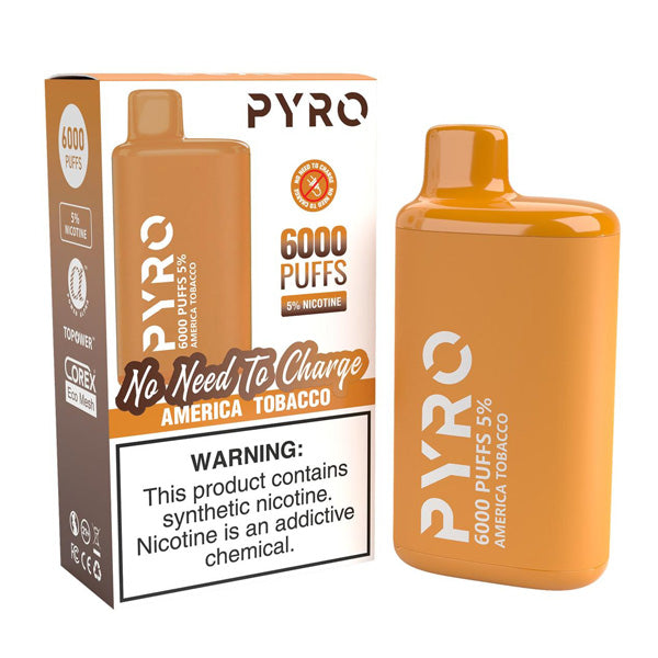 Pyro Disposable 6000 Puffs 13ml - America Tobacco 50mg with Packaging