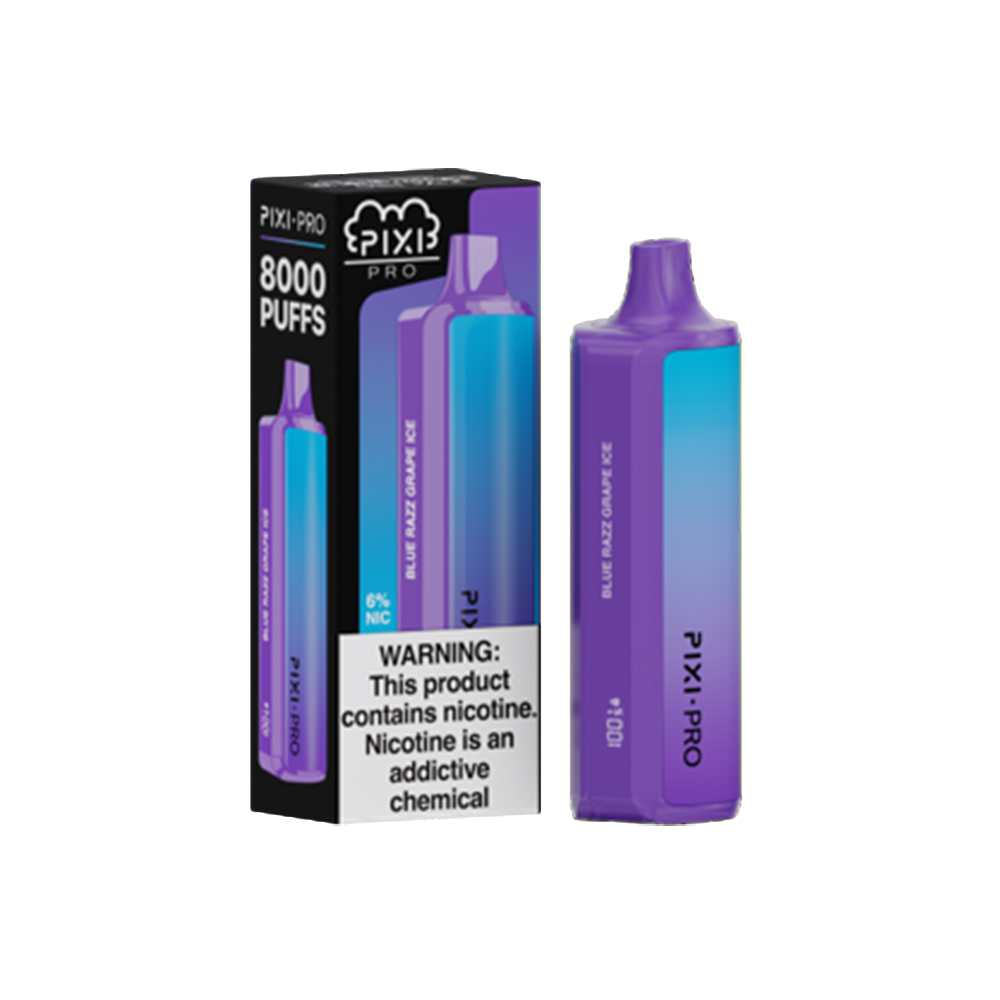 Pixi Pro Disposable | 8000 puffs | 14mL | 60Mg | MOQ 10pc | Blue Razz Grape Ice with packaging