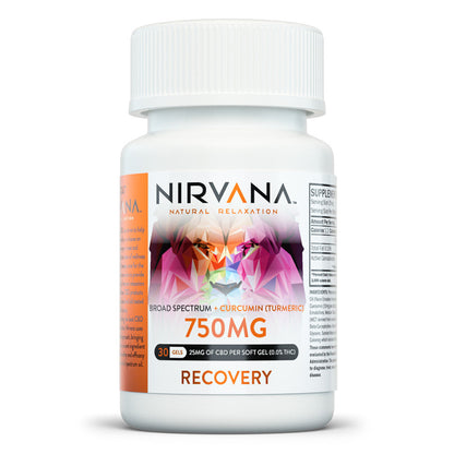 Nirvana CBD Softgel Capsules (750mg 30ct Jar) Recovery CBD + Curcumin Softgels 750mg 30ct Jar