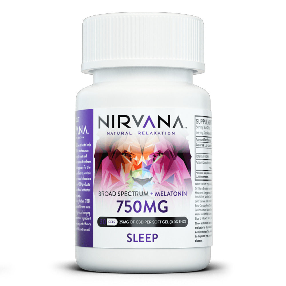 Nirvana CBD Softgel Capsules (750mg 30ct Jar) Sleep CBD + Melatonin Softgels 750mg 30ct Jar