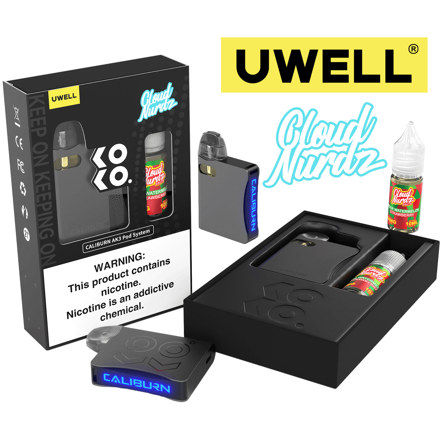 Uwell Caliburn AK3 Kit + A3S 0.8ohm Pods (x2) + Daddy’s Vapor 10mL Salts 50mg Color: Grey Flavor: Sour Watermelon Strawberry 50mg