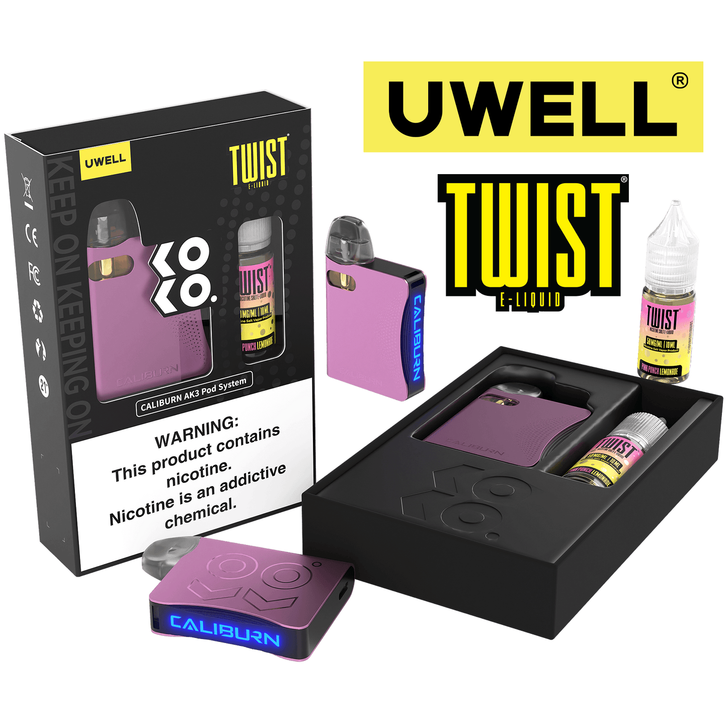 Uwell Caliburn AK3 Kit + A3S 0.8ohm Pods (x2) + Daddy’s Vapor 10mL Salts 50mg Color: Pink Flavor: Pink Punch Lemonade 50mg