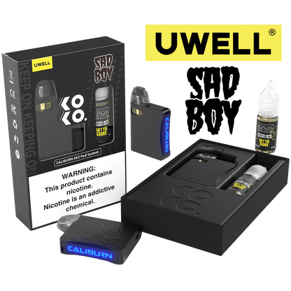 Uwell Caliburn AK3 Kit + A3S 0.8ohm Pods (x2) + Daddy’s Vapor 10mL Salts 50mg Color: Black Flavor: Butter Cookie