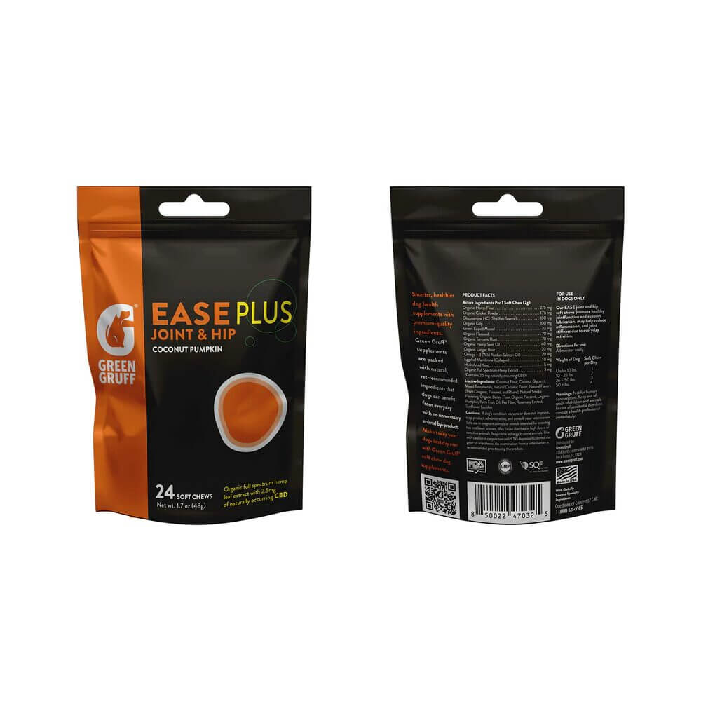 Green Gruff CBD Dog Treats (24ct Pouch)  Ease PLUS Joint And Hip Coconut Pumpkin