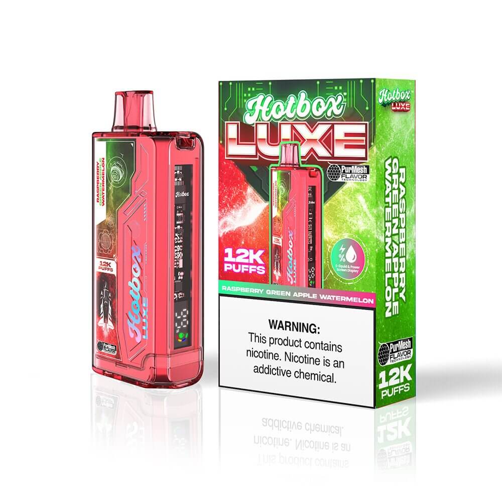Puff HotBox Luxe Disposable | 12000 puffs | 20mL | 50mg | MOQ 5pc | Raspberry Green Apple Watermelon with Packaging