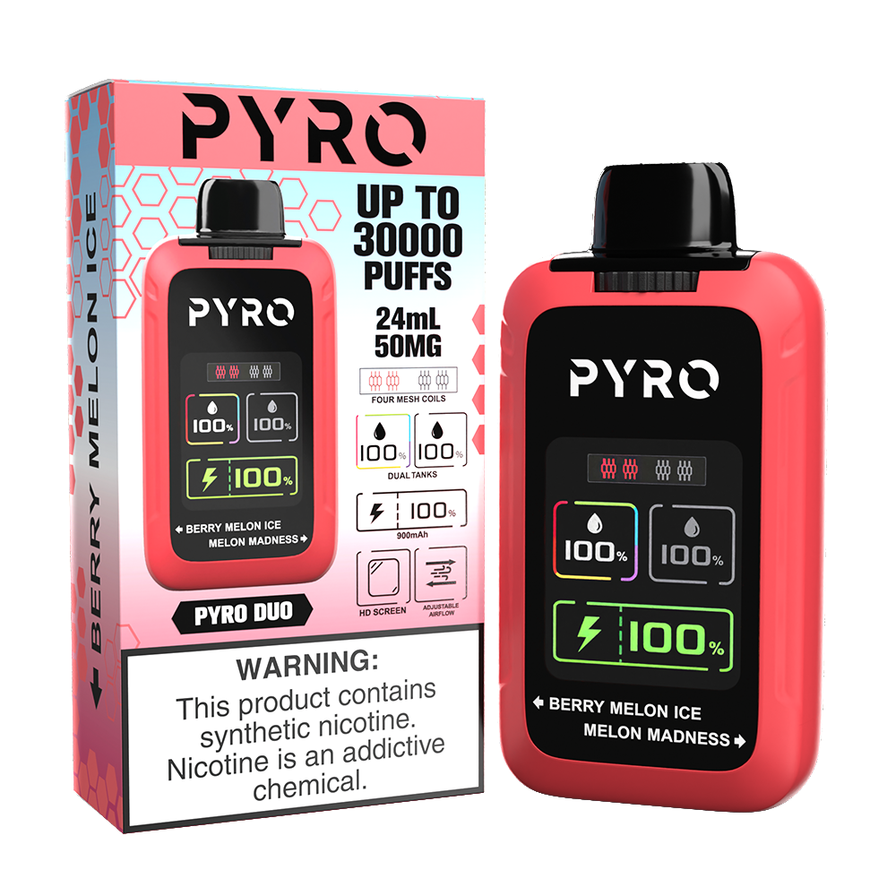 Pyro DUO Disposable 30000 Puffs 24mL 50mg | MOQ 5 - Berry Melon Ice / Melon Madness with packaging