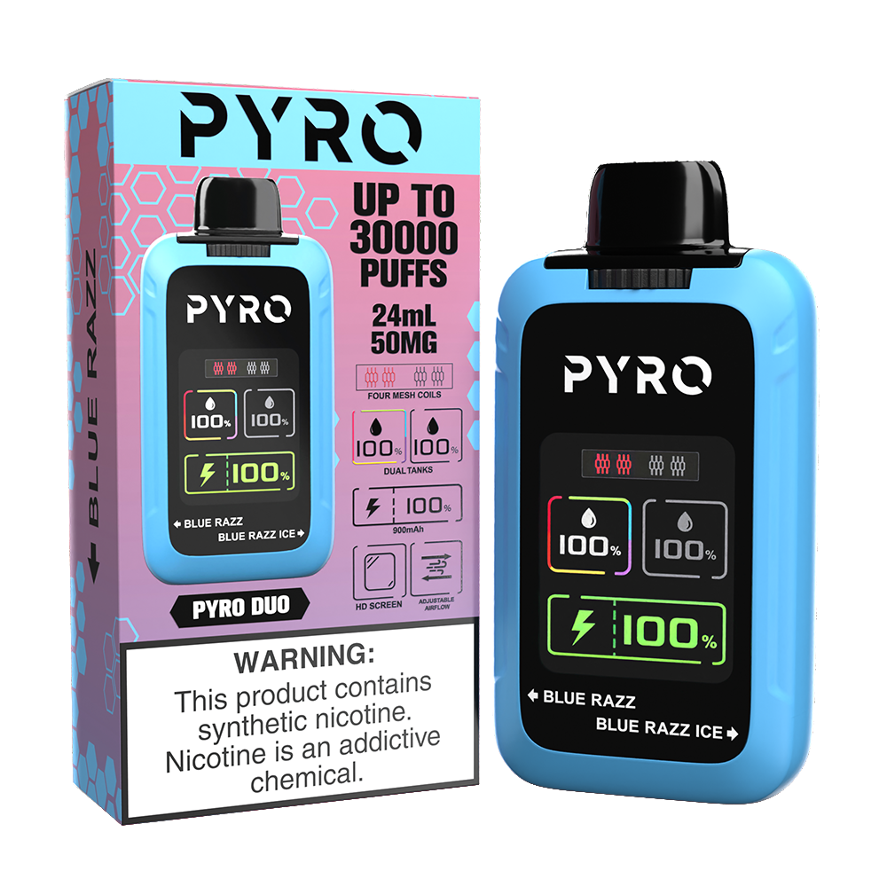 Pyro DUO Disposable 30000 Puffs 24mL 50mg | MOQ 5 - Blue Razz / Blue Razz Ice with packaging