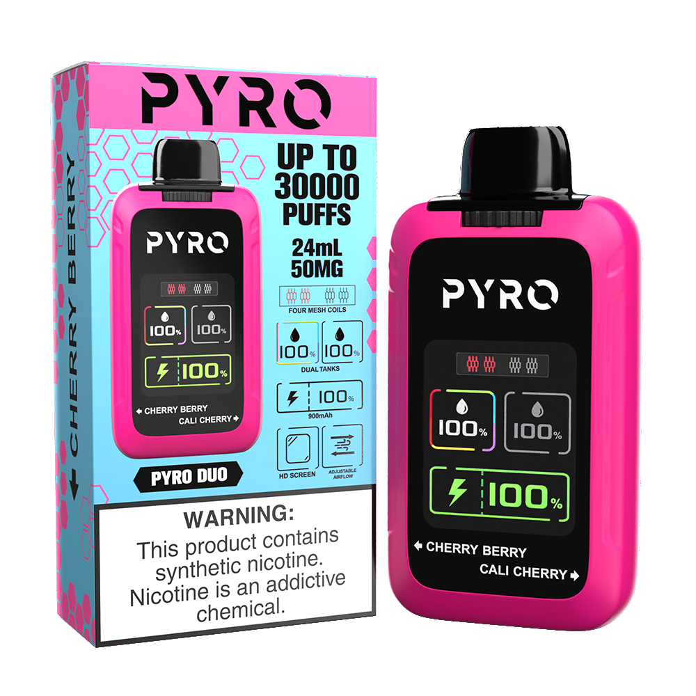 Pyro DUO Disposable 30000 Puffs 24mL 50mg | MOQ 5 - Cherry Berry / Cali Cherry with packaging