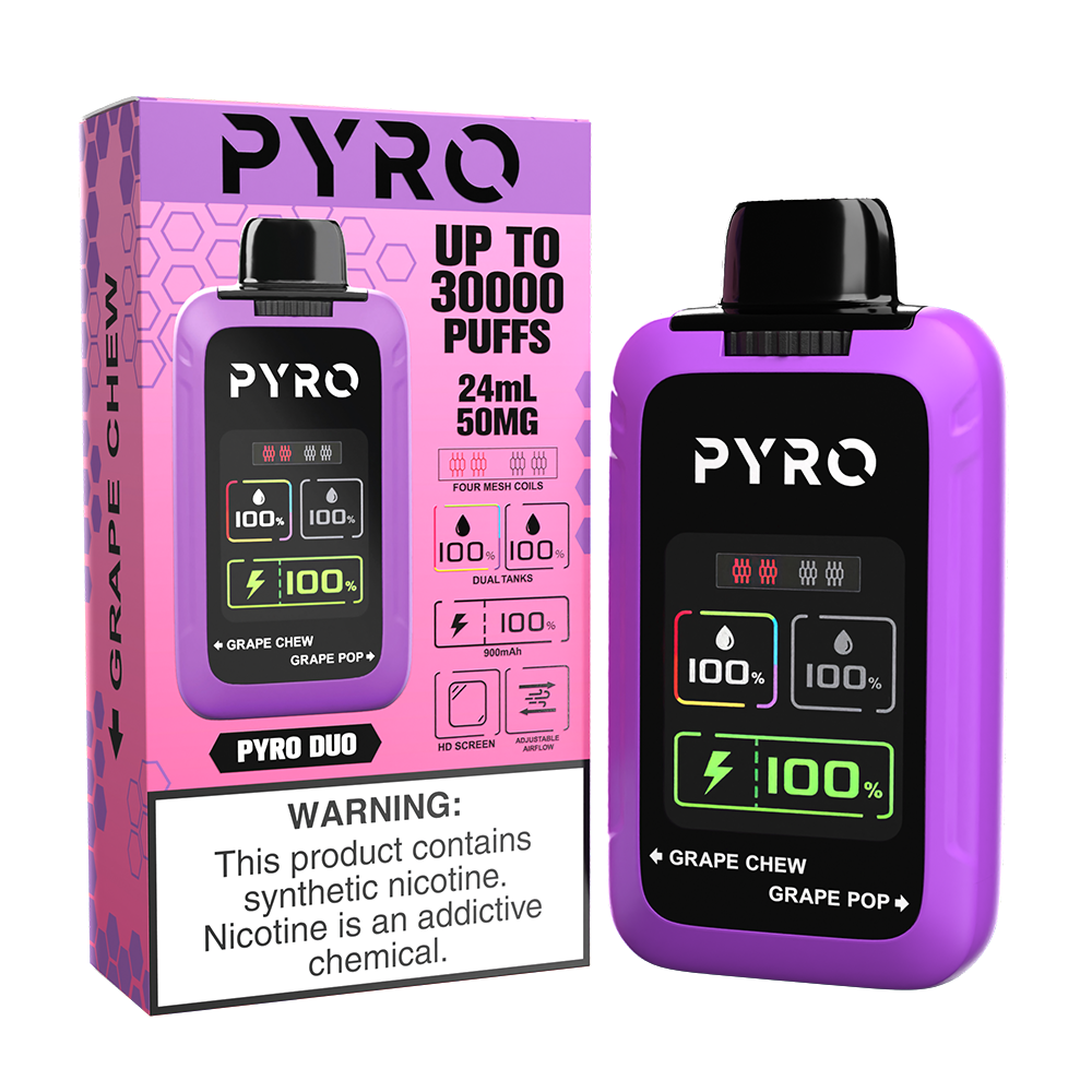 Pyro DUO Disposable 30000 Puffs 24mL 50mg | MOQ 5 - Grape Chew / Grape Pop with packaging