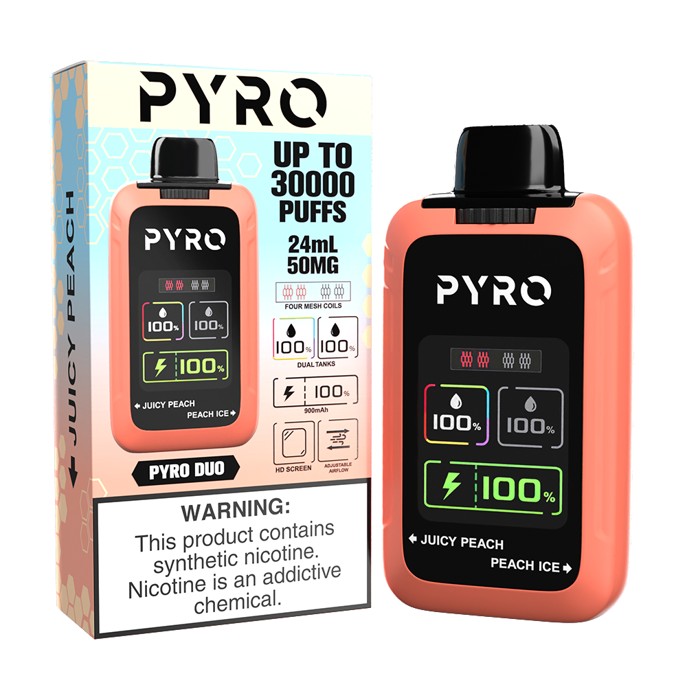 Pyro DUO Disposable 30000 Puffs 24mL 50mg | MOQ 5 - Juicy Peach / Peach Ice with packaging