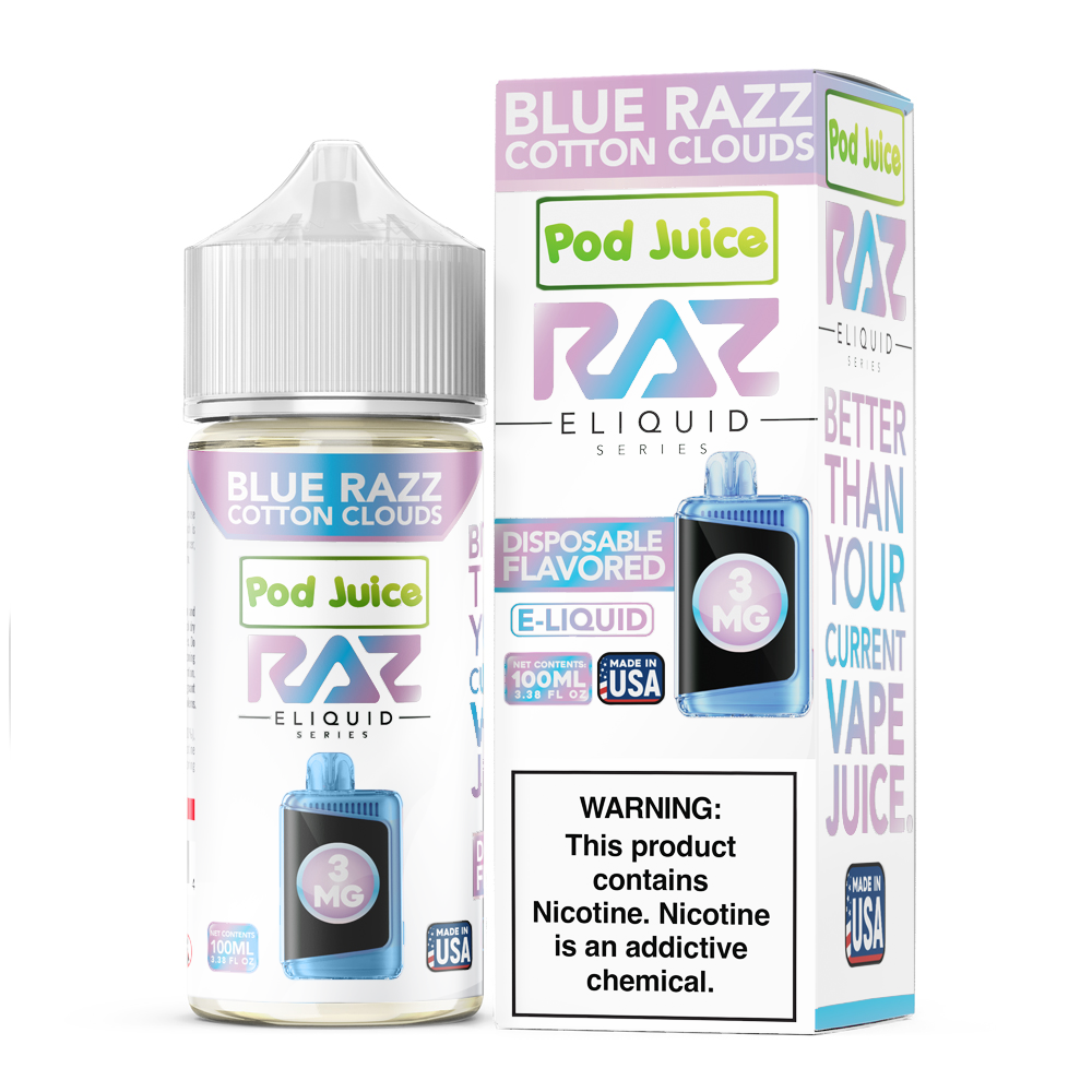 Pod Juice + RAZ Disposables Collab E-Liquid 100mL (Freebase) - Blue Razz Cotton Clouds with packaging