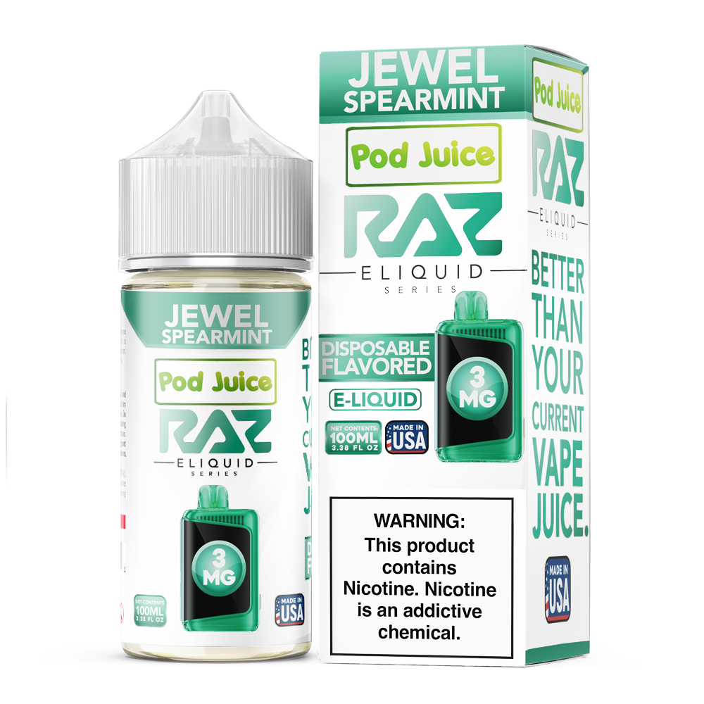 Pod Juice + RAZ Disposables Collab E-Liquid 100mL (Freebase) - Jewel Spearmint with packaging