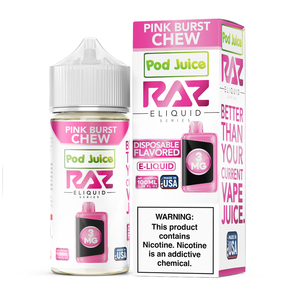 Pod Juice + RAZ Disposables Collab E-Liquid 100mL (Freebase) - Pink Burst Chew with packaging