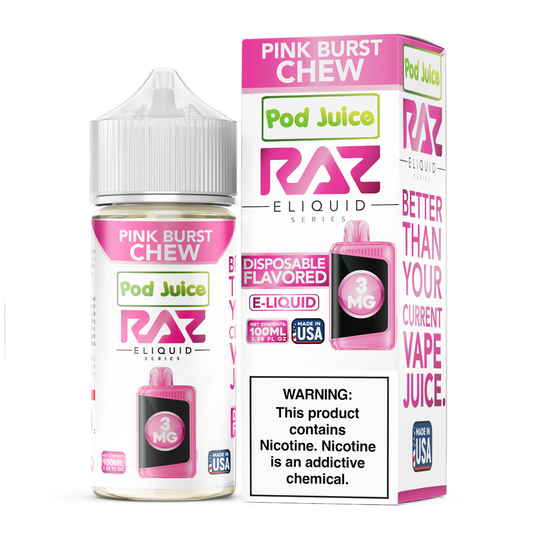 Pod Juice + RAZ Disposables Collab E-Liquid 100mL (Freebase) - Pink Burst Chew with packaging