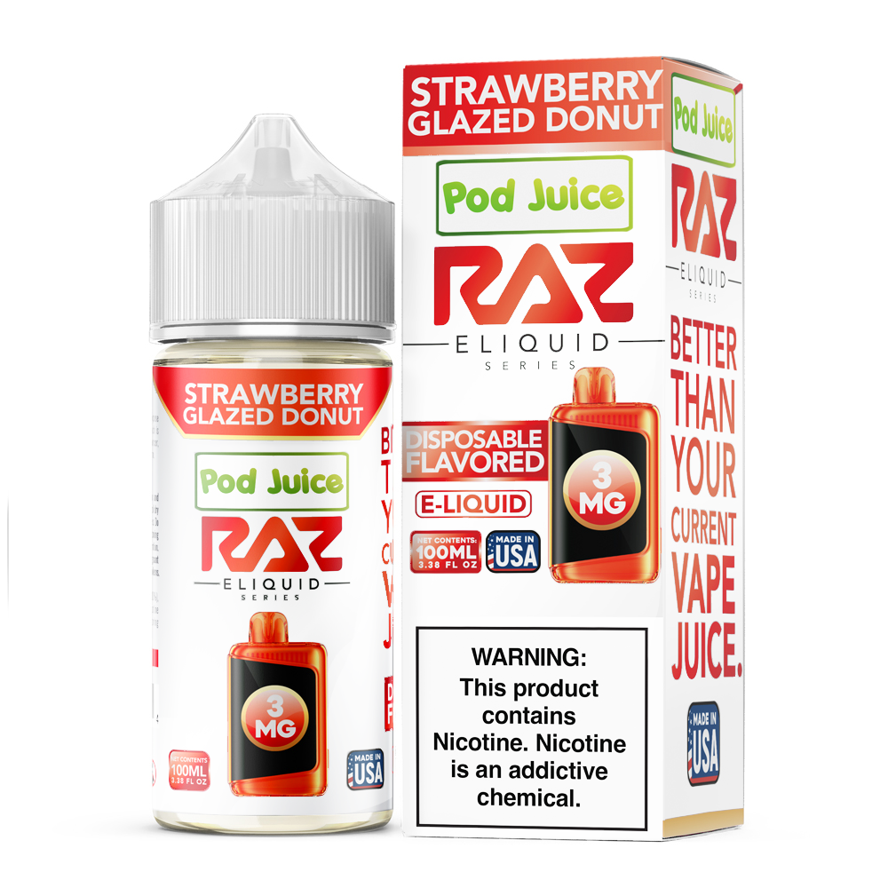 Pod Juice + RAZ Disposables Collab E-Liquid 100mL (Freebase) - Strawberry Glazed Donut with packaging