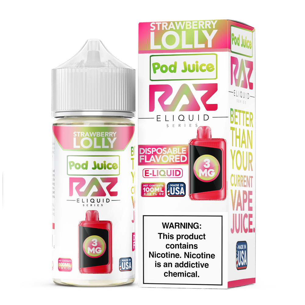 Pod Juice + RAZ Disposables Collab E-Liquid 100mL (Freebase) - Strawberry Lolly with packaging