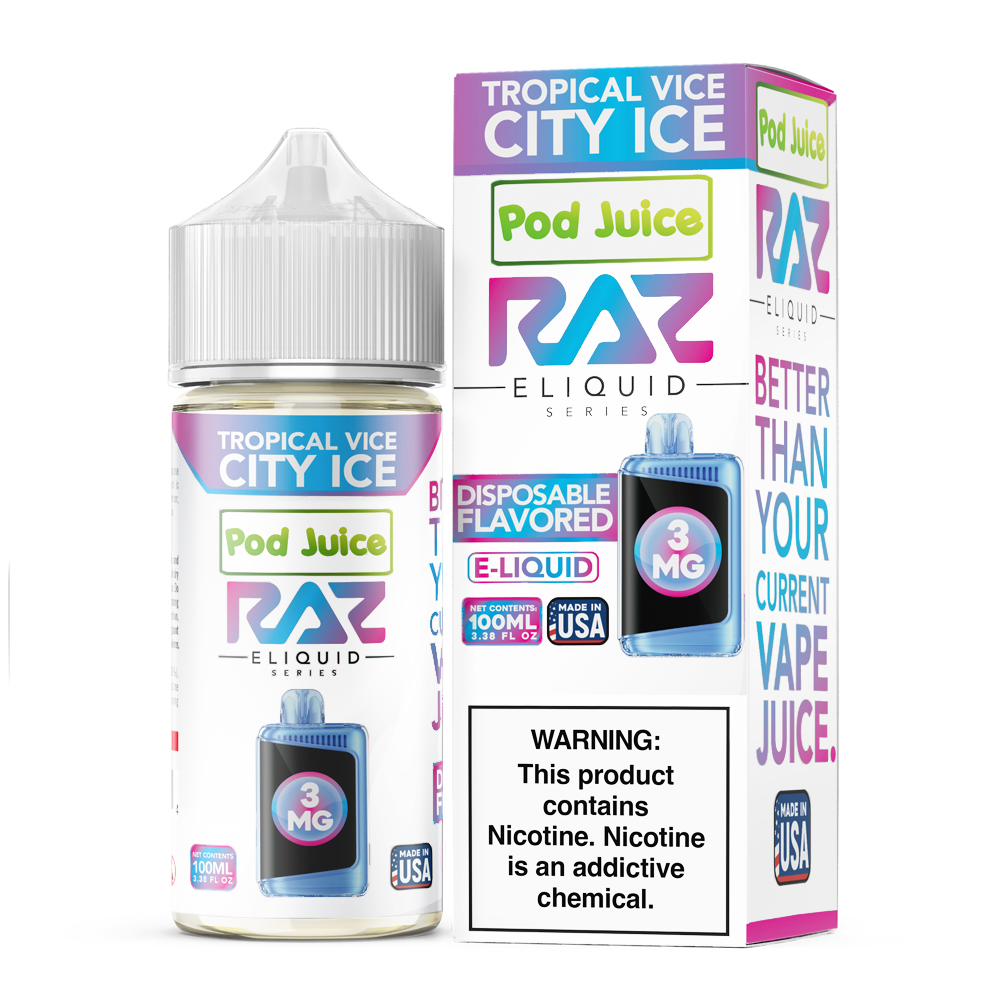 Pod Juice + RAZ Disposables Collab E-Liquid 100mL (Freebase) - Tropical Vice City Ice with packaging 