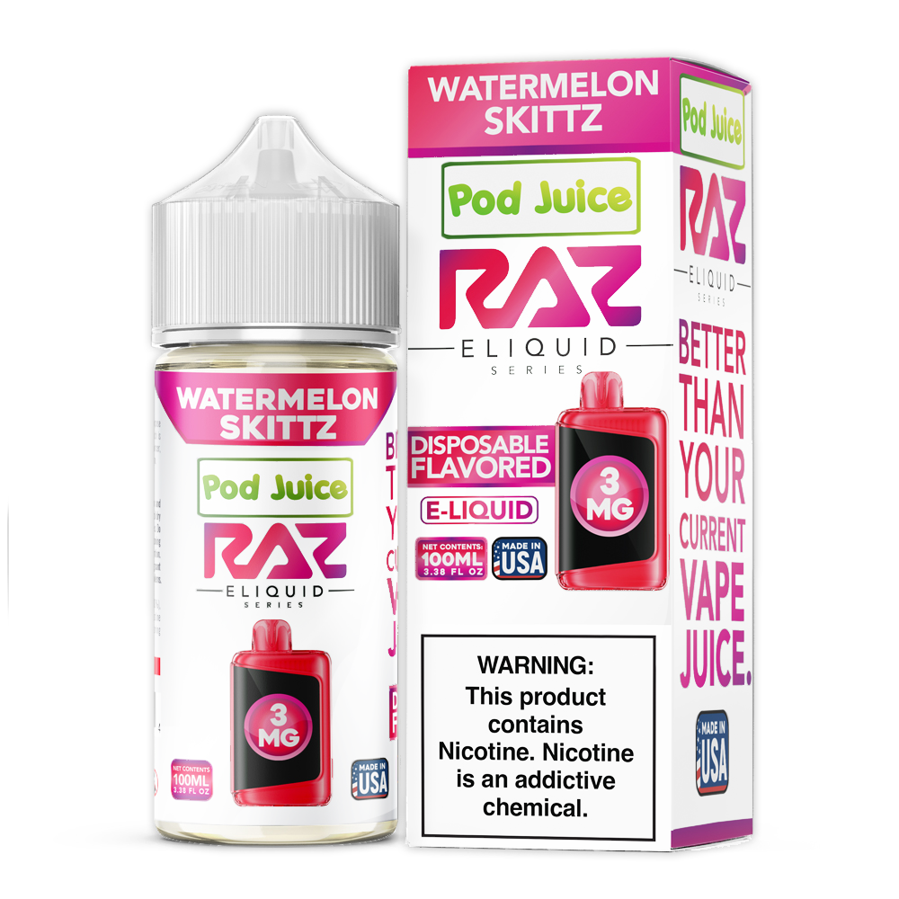 Pod Juice + RAZ Disposables Collab E-Liquid 100mL (Freebase) - Watermelon Skittz with packaging