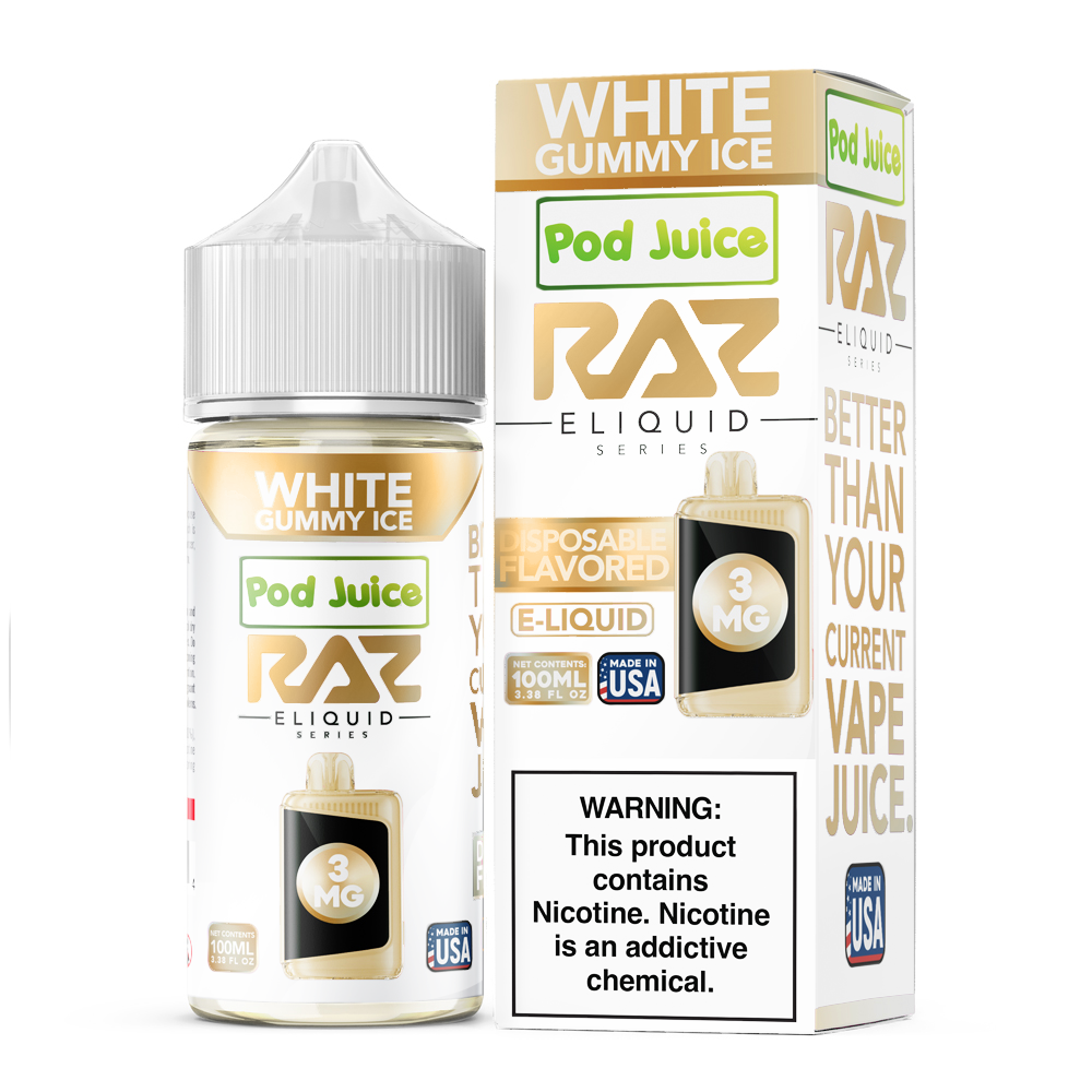 Pod Juice + RAZ Disposables Collab E-Liquid 100mL (Freebase) - White Gummy Ice with packaging