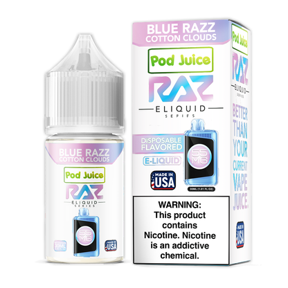 Pod Juice + RAZ Disposables Collab Salt E-Liquid 30mL (Salt Nic) - Blue Razz Cotton Clouds with packaging