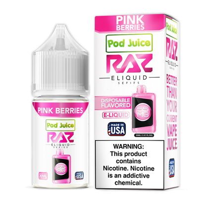 Pod Juice + RAZ Disposables Collab Salt E-Liquid 30mL (Salt Nic) - Pink Berries with packaging