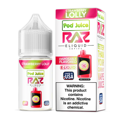 Pod Juice + RAZ Disposables Collab Salt E-Liquid 30mL (Salt Nic) - Strawberry Lolly with packaging
