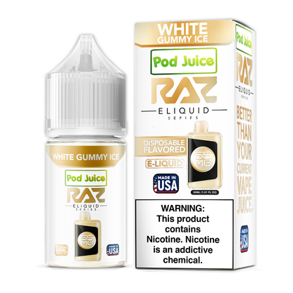 Pod Juice + RAZ Disposables Collab Salt E-Liquid 30mL (Salt Nic) - White Gummy Ice with packaging