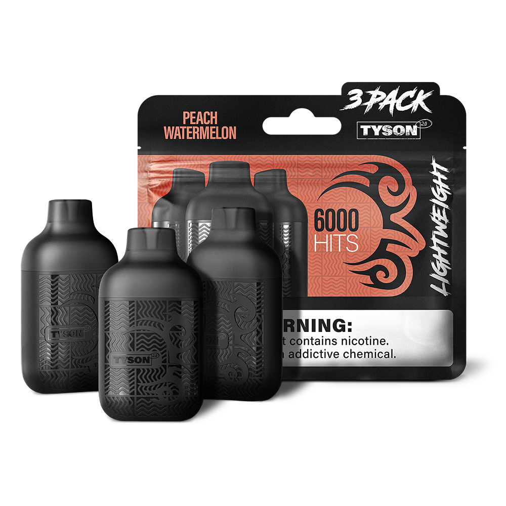 Tyson 2.0 Lightweight Disposable | 6000 Puffs | 50mg | (12mL 3-Pack) | MOQ 10 | Peach Watermelon with packaging
